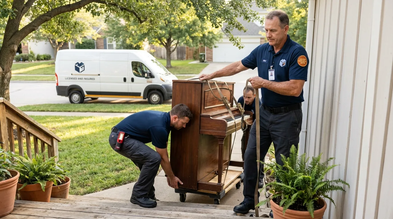 Licensed piano movers securing grand piano in Mansfield, MO