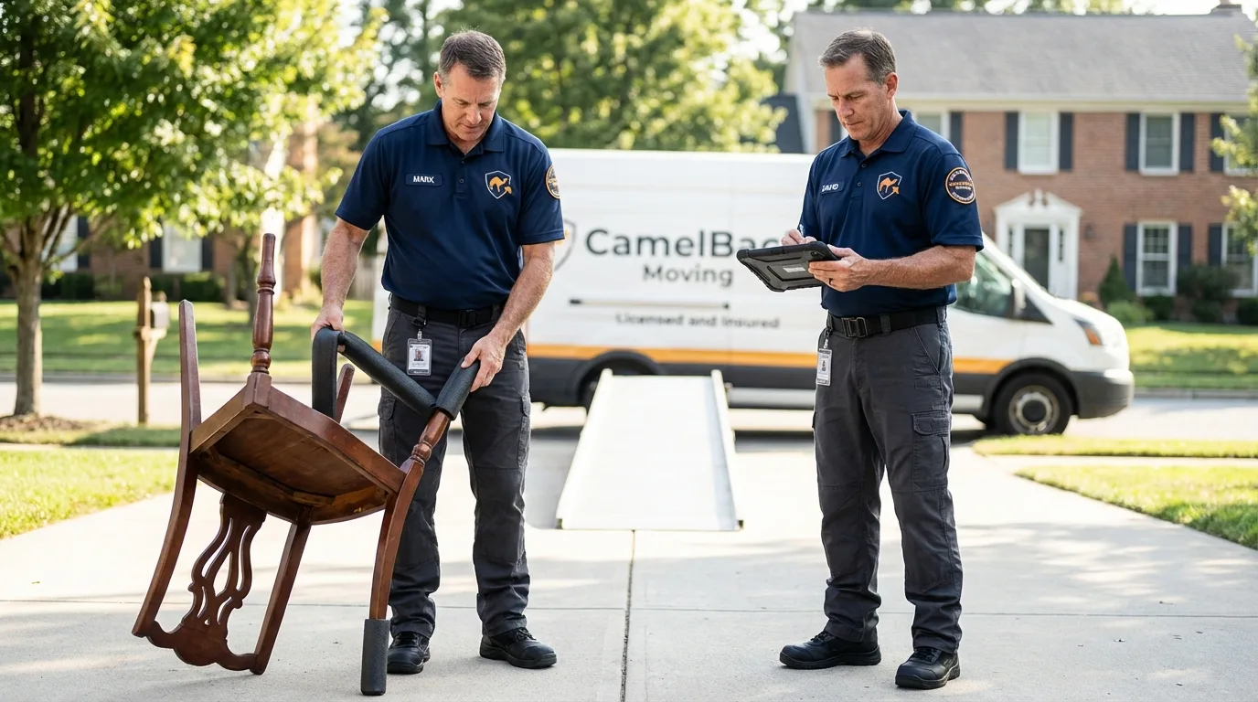 Movers inspecting furniture for damage prevention before loading in Mansfield, MO