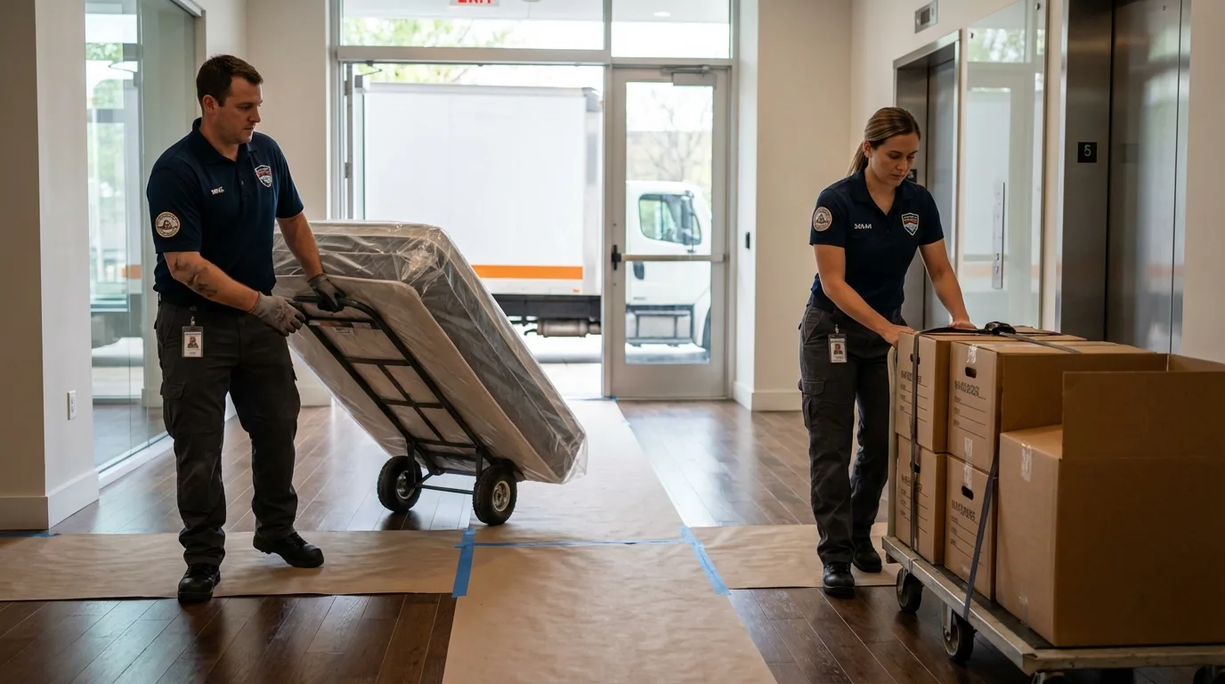 Professional apartment movers loading elevator in Mansfield, MO